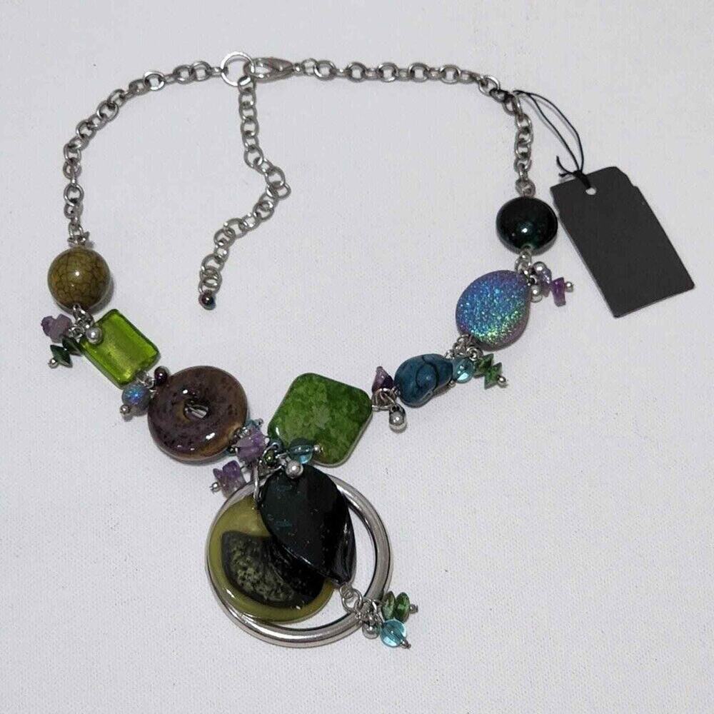 Treska Boho Chunky Mixed Bead Statement Necklace Green Blue Purple Silver NWT - Picture 2 of 7